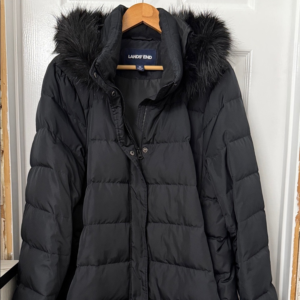 Lands' End Women's Black Puffer Jacket with Faux Fur Hood